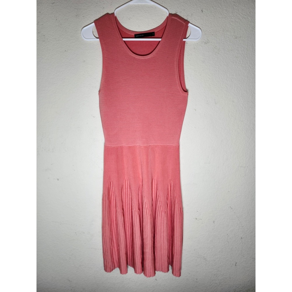Karen Millen Knit Dress Women Size S Coral Pink Ribbed Pleated Fit and Flare